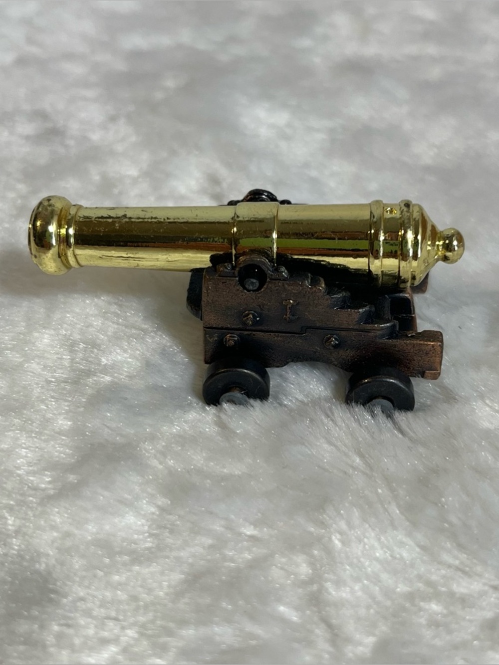 Vintage Miniature Cannon All Metal With Polished Brass Colored Barrel Miniature